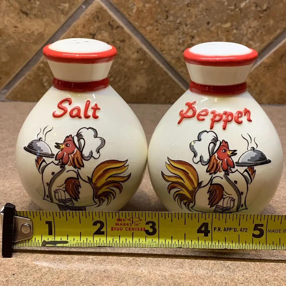 Vintage Ceramic Rooster Chef Salt & Pepper Shakers Farmhouse Kitchen Cottage